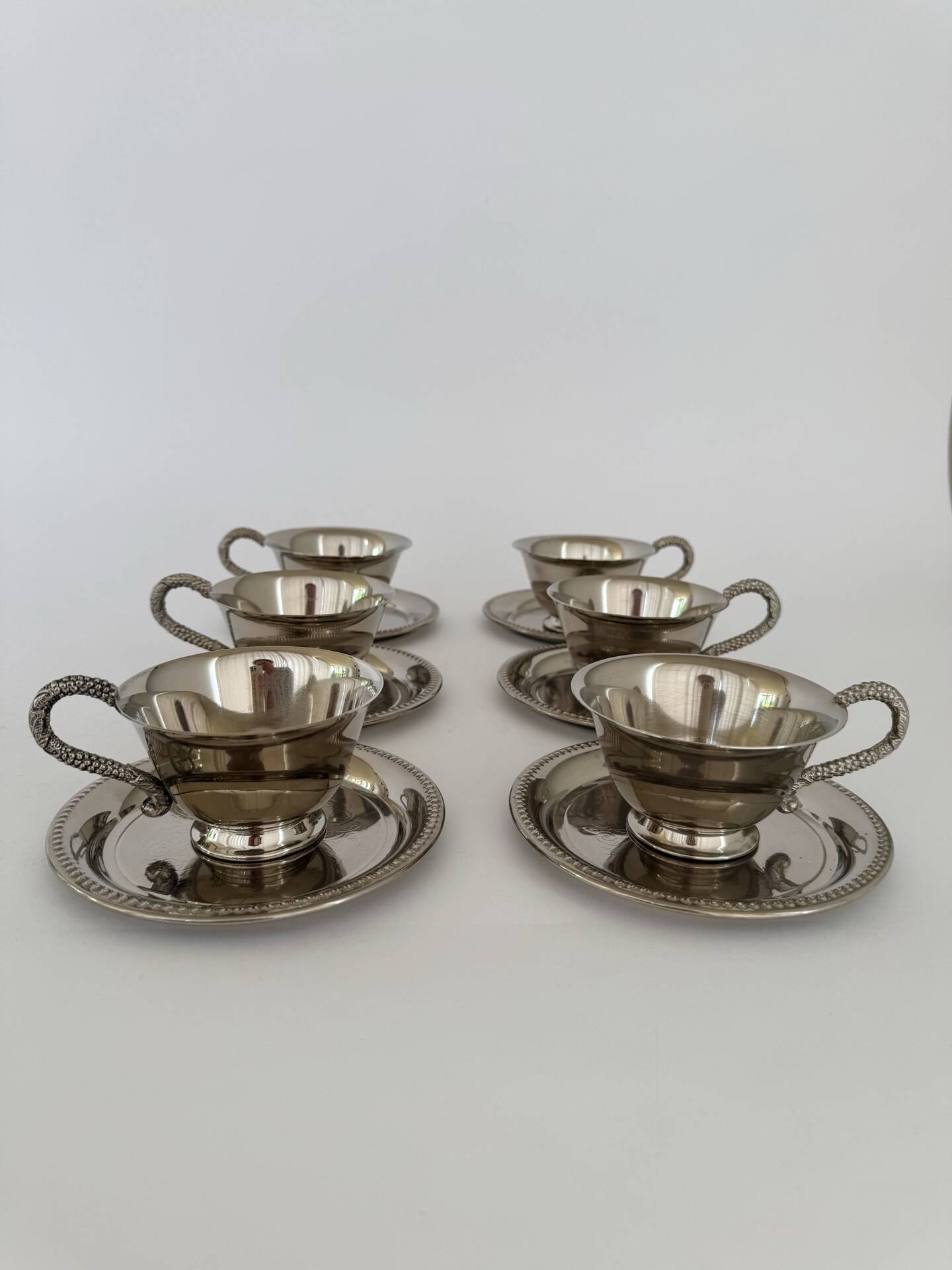 Set of 6 Antique Early 20th Century Silver Plated Coffee Cups With Sau