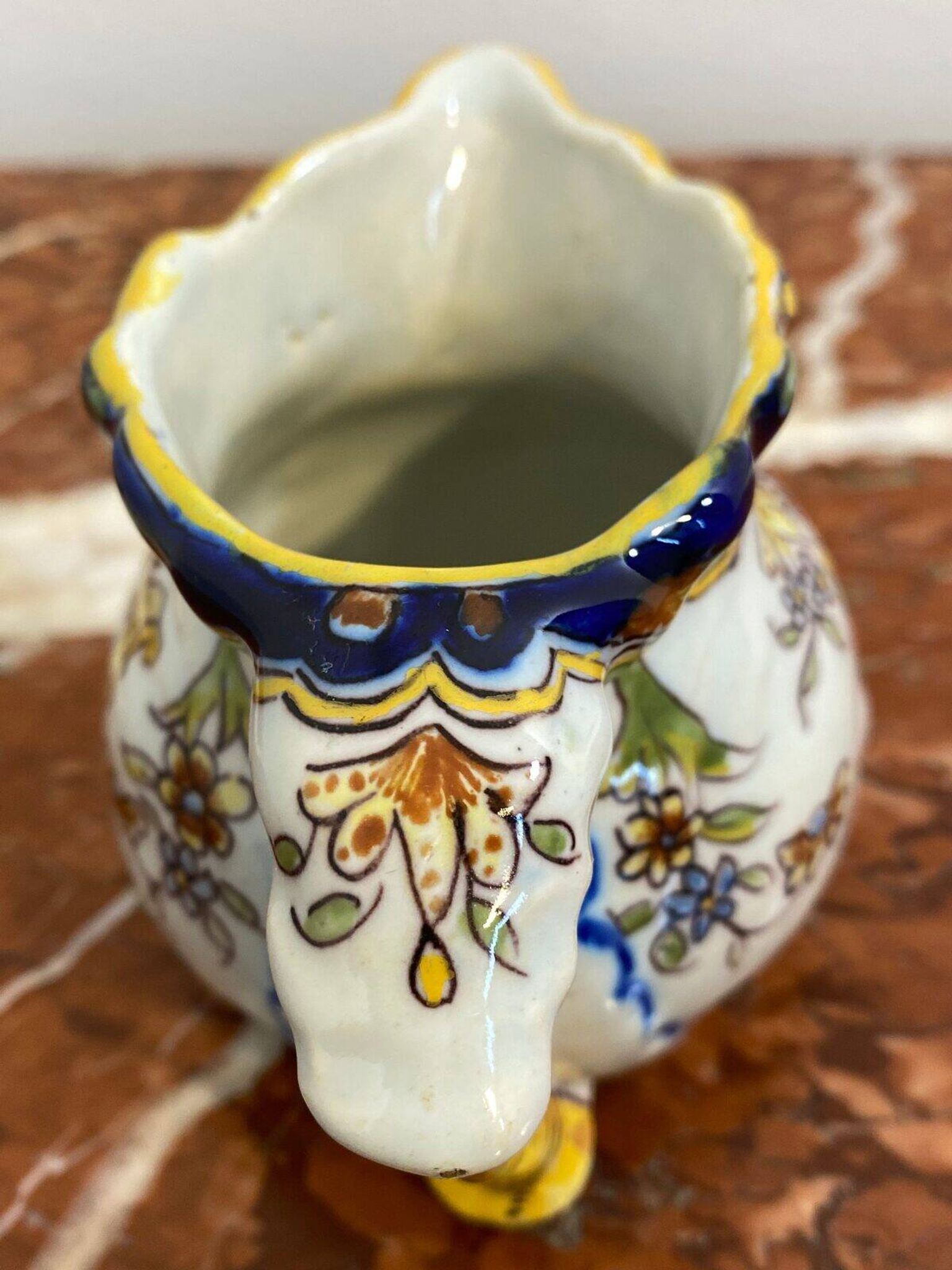 Small antique jug in faience from Les Sables d'Olonne, hand-painted.