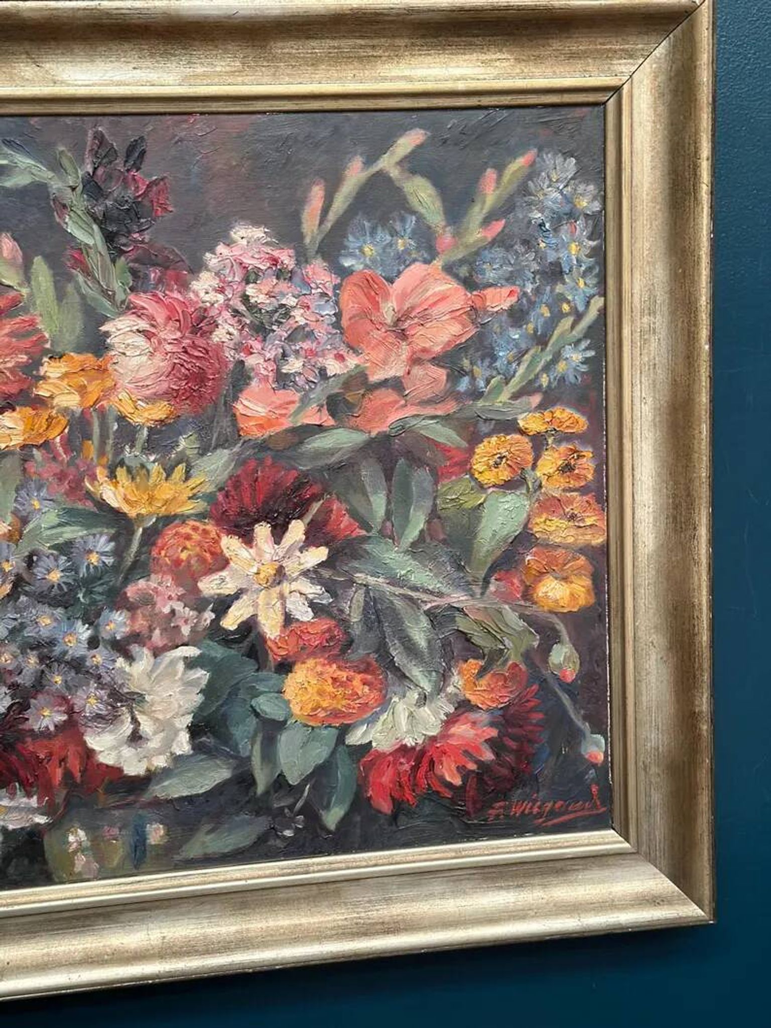 Original Still Life Oil on Canvas “Still Life with Flowers” by F. Wiegand