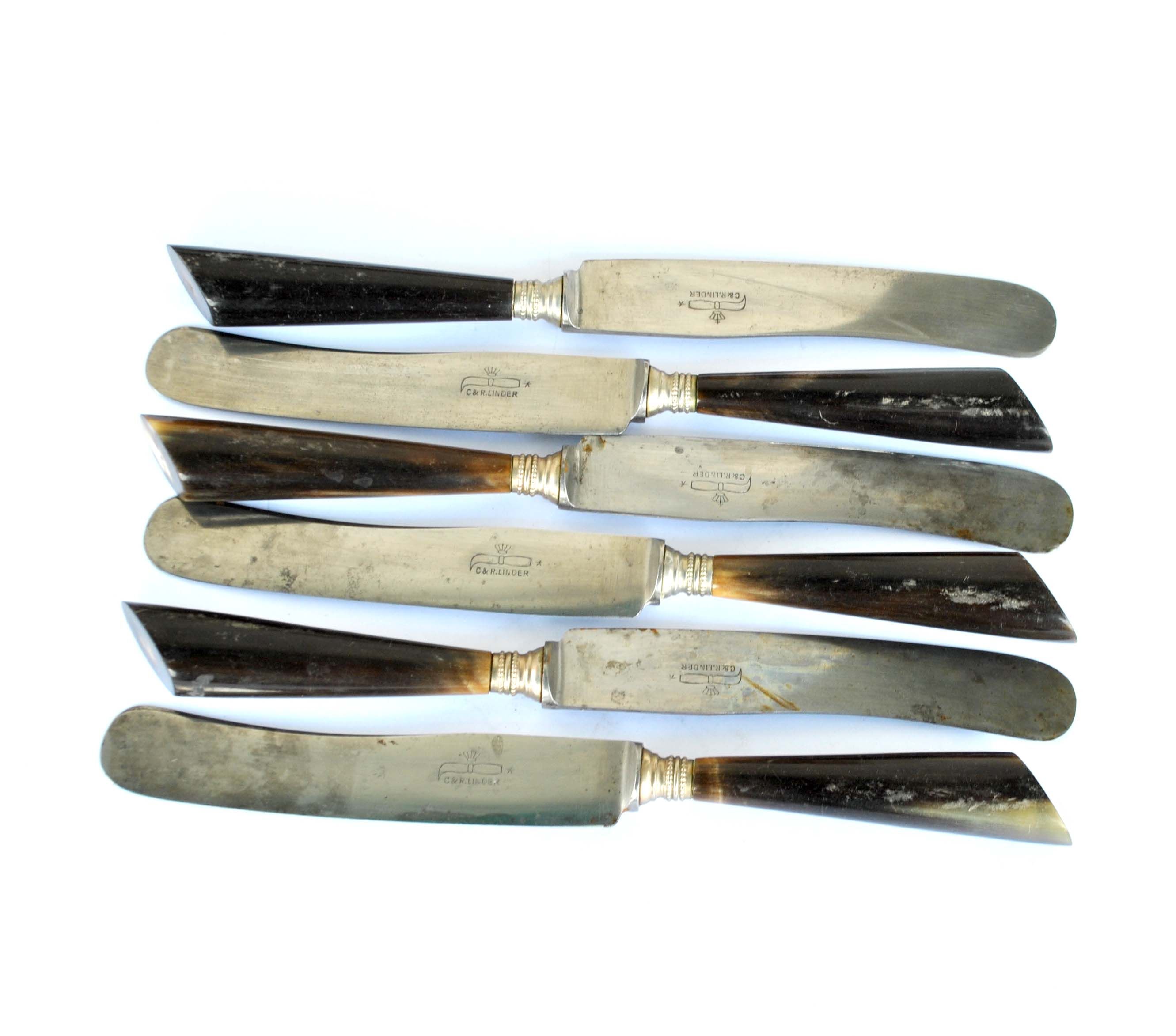 Set of 6 old table knives in horn and steel signed Linder