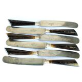 Lot de 6 couteaux de table ancien en corne et en acier signé linder