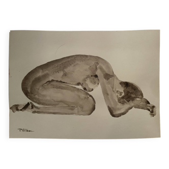Signed painting monochrome watercolor sepia portrait of a crouching woman "curves"