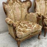 2 Louis XV style armchairs in brocade and velvety fabric