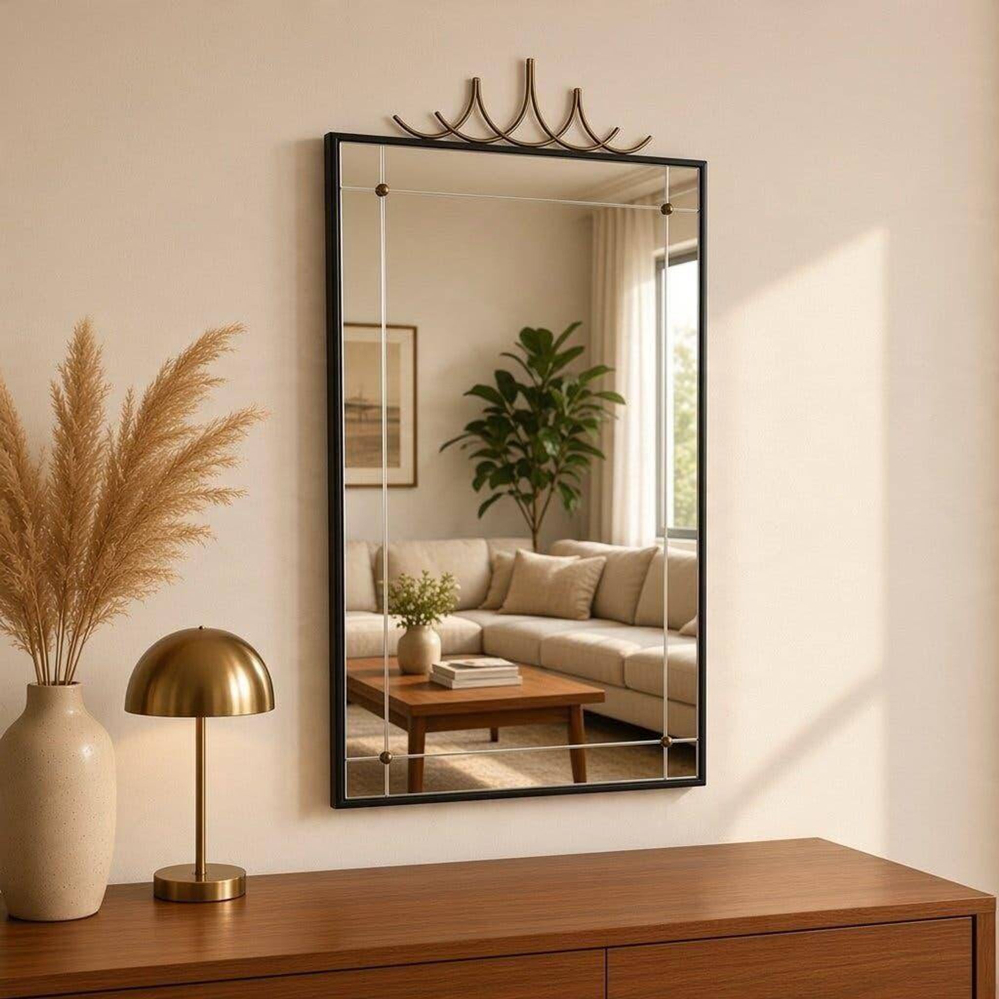 Elegant black wall mirror in vintage style with brass accents.