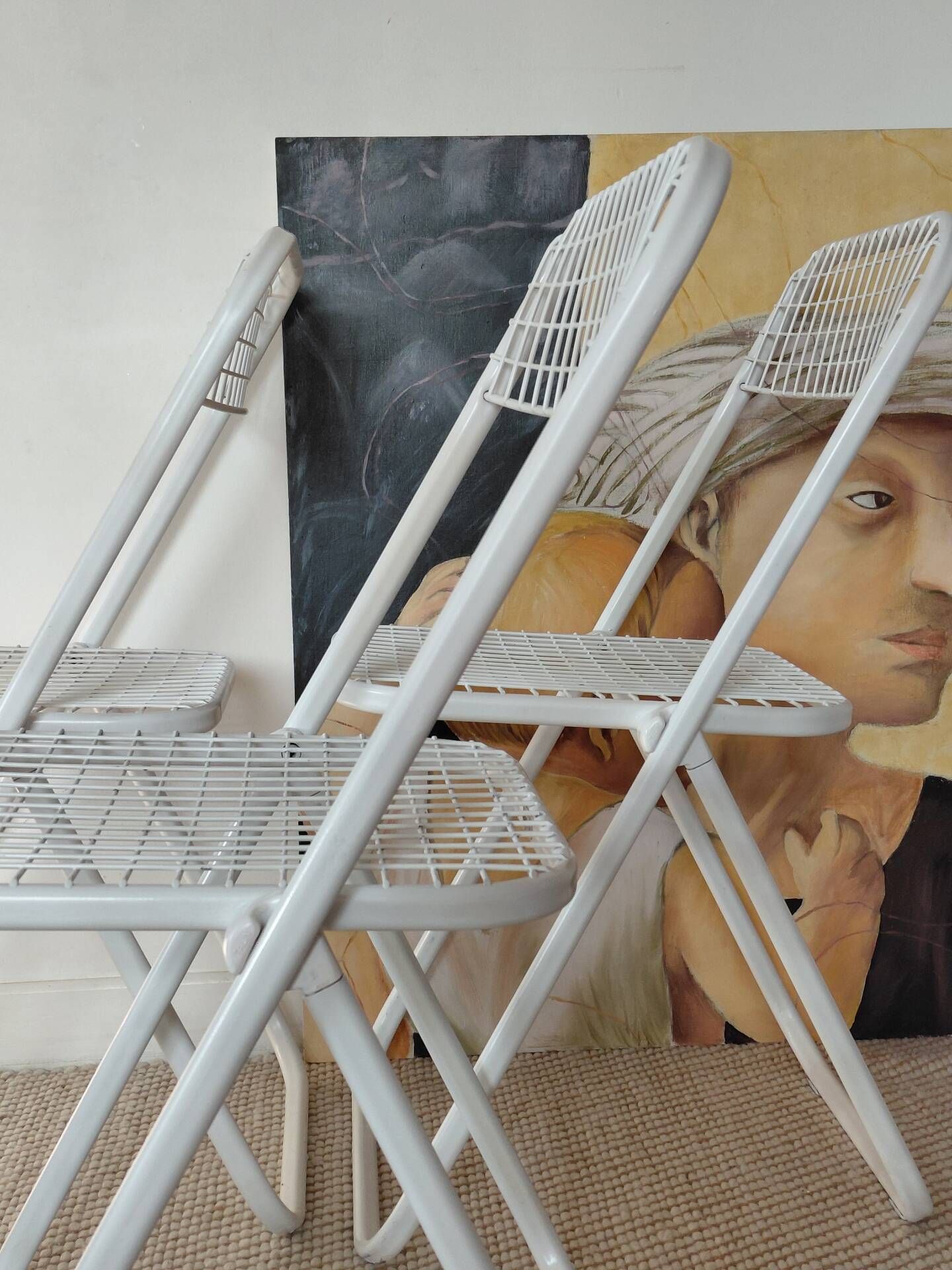Set of 3 vintage white lacquered metal folding chairs Talin (Italy 70s)