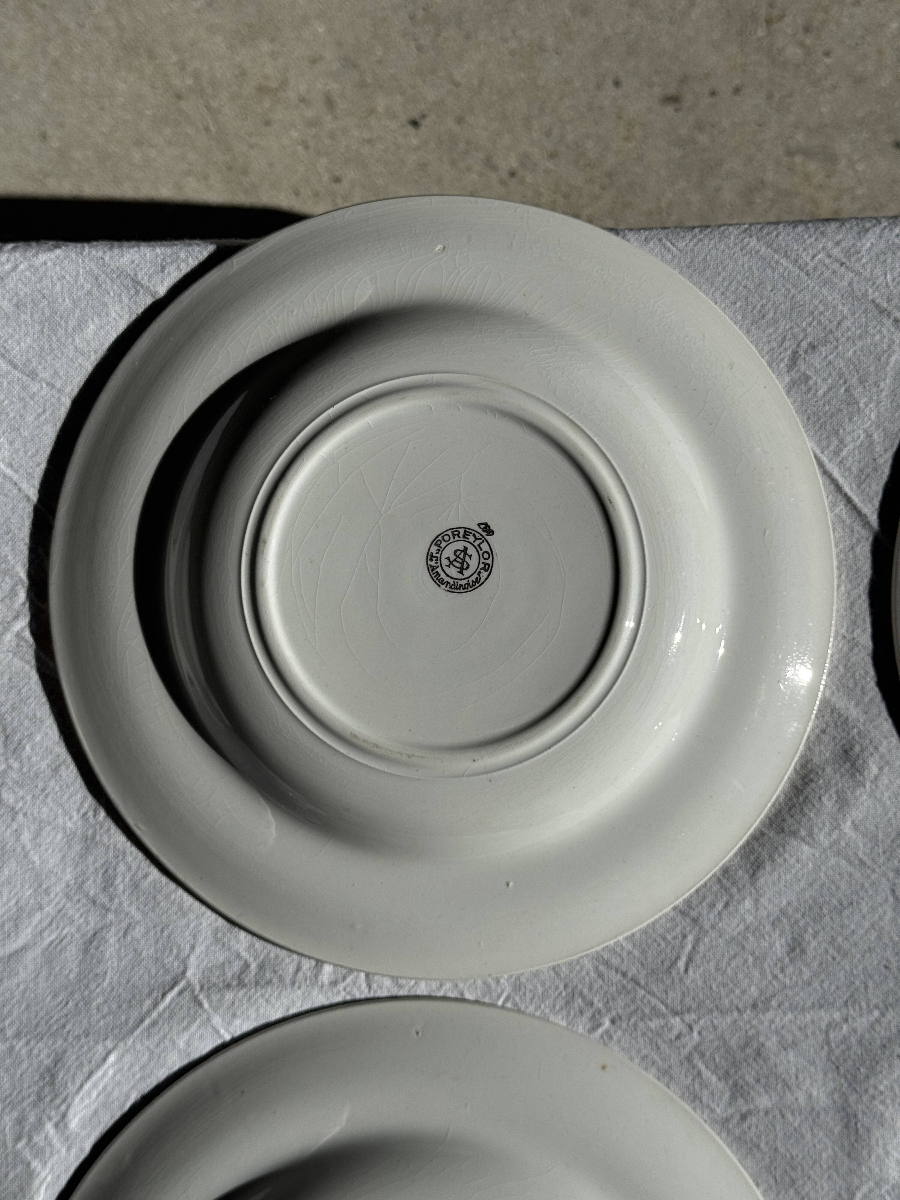 Set of 9 vintage turquoise deep plates with gold trim and pink flowers.