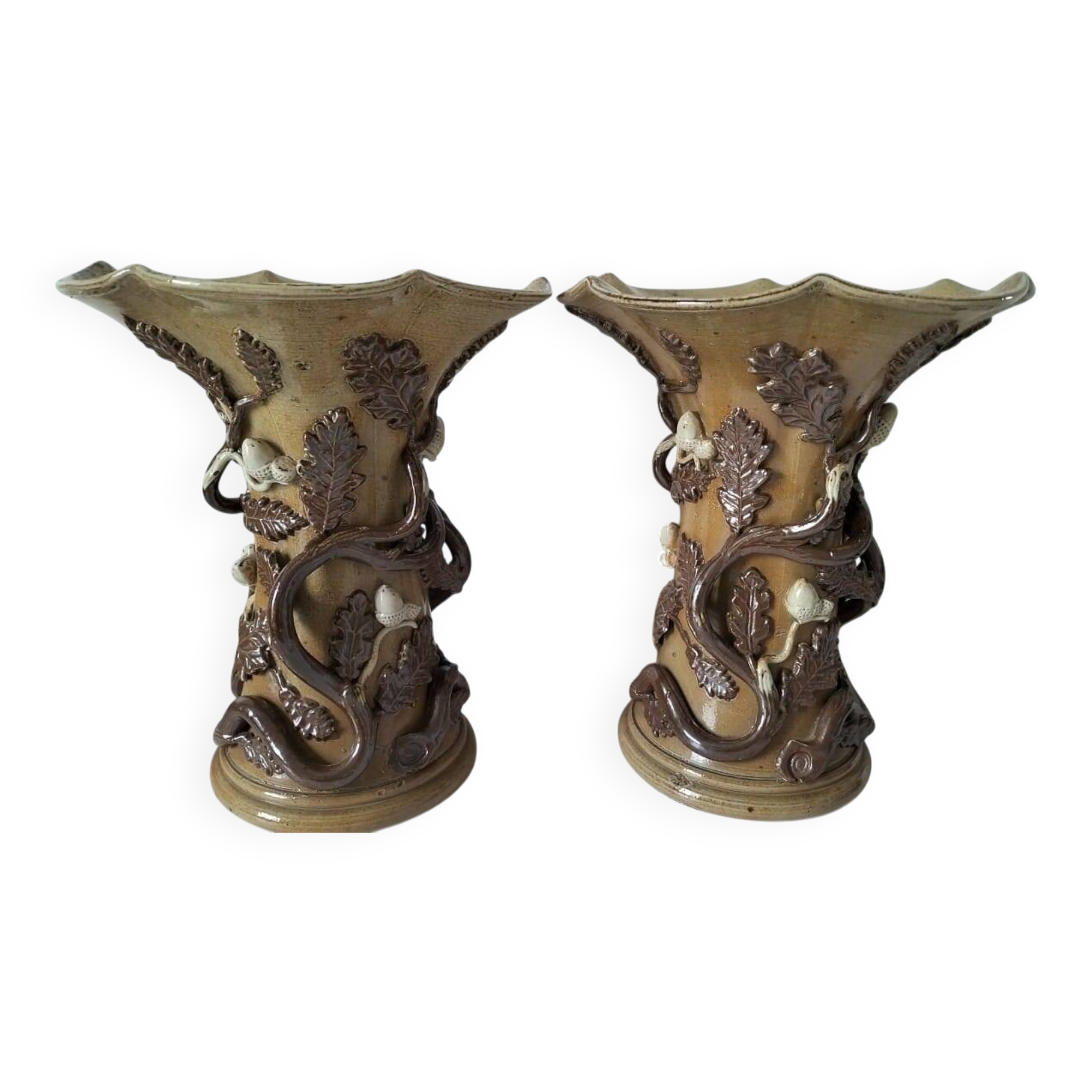 Duo of naturalistic stoneware vases – oak branches & acorns in relief
