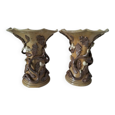 Duo vases en grès naturaliste – branches de chêne & glands en relief