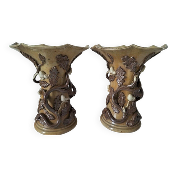 Two naturalistic stoneware vases – raised oak branches & acorns