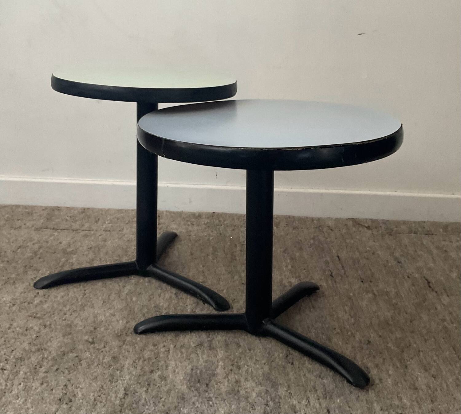 Pair of vintage metal and Formica pedestal tables