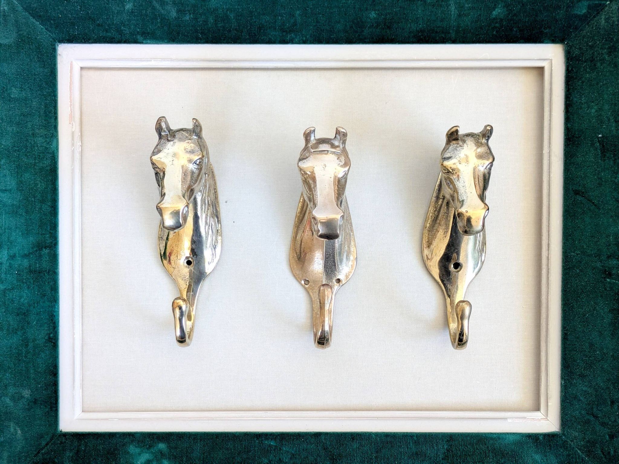 Set of 3 brass wall hooks horse head vintage coat hangers