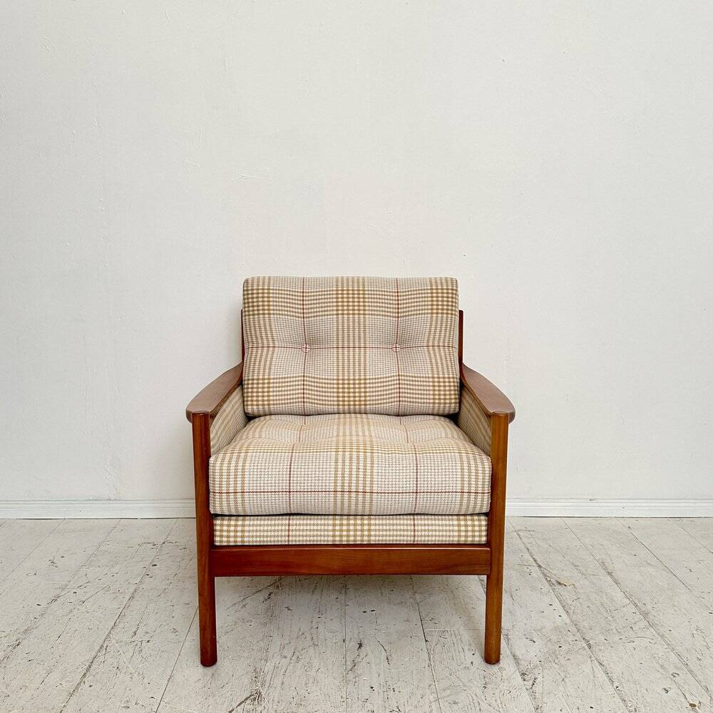 Mid-Century Scandinavian Armchair in Cherry Wood and Checked Fabric, 1960s