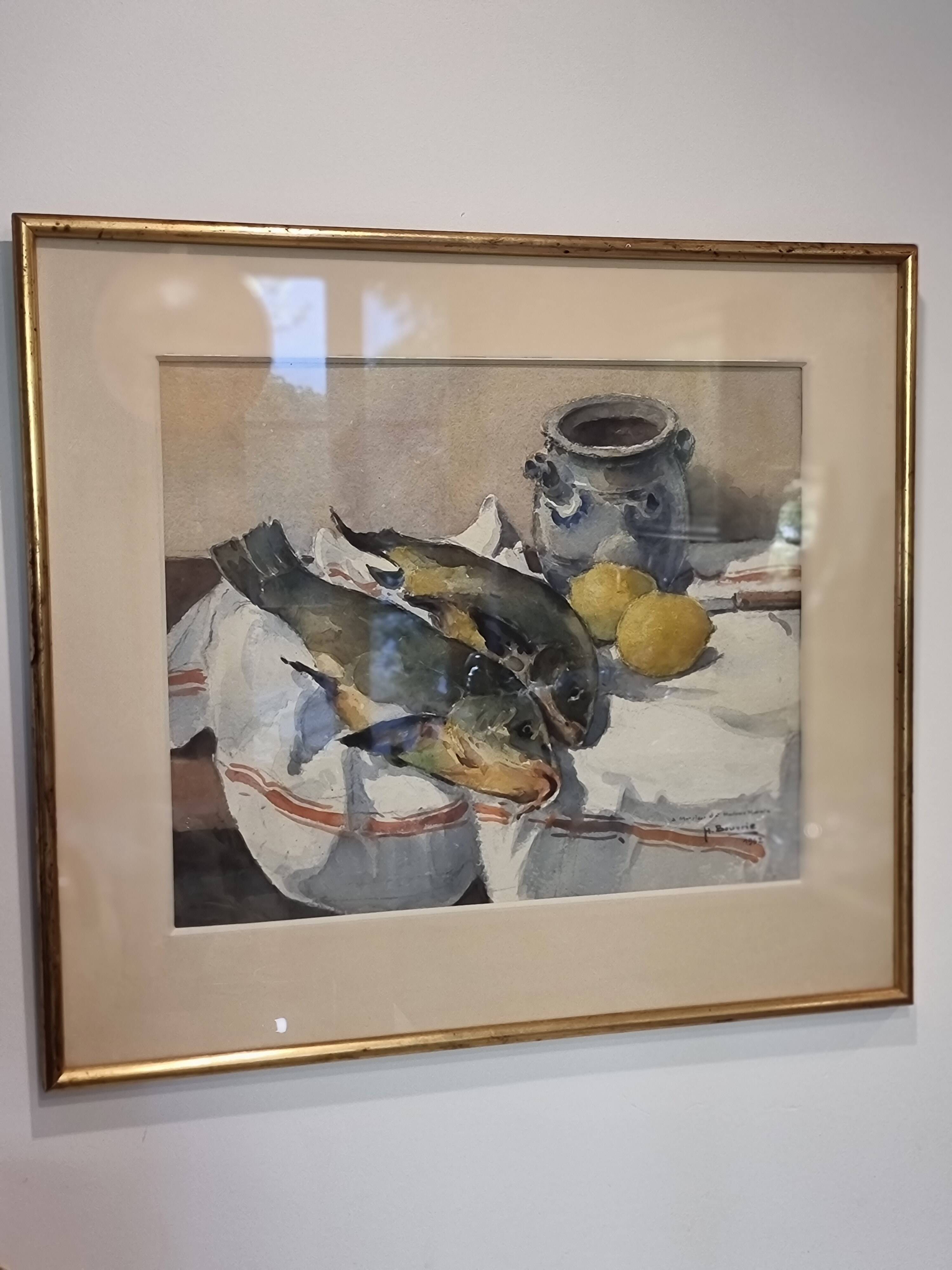 Watercolor, still life with fish