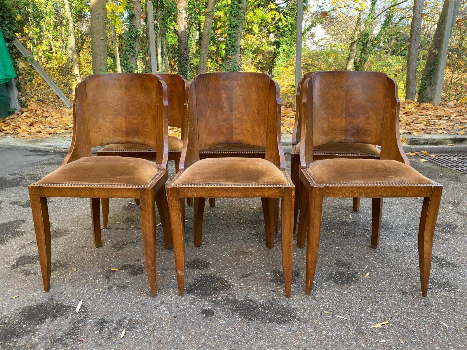 6 Art Deco gondola chairs in solid wood and brown suede