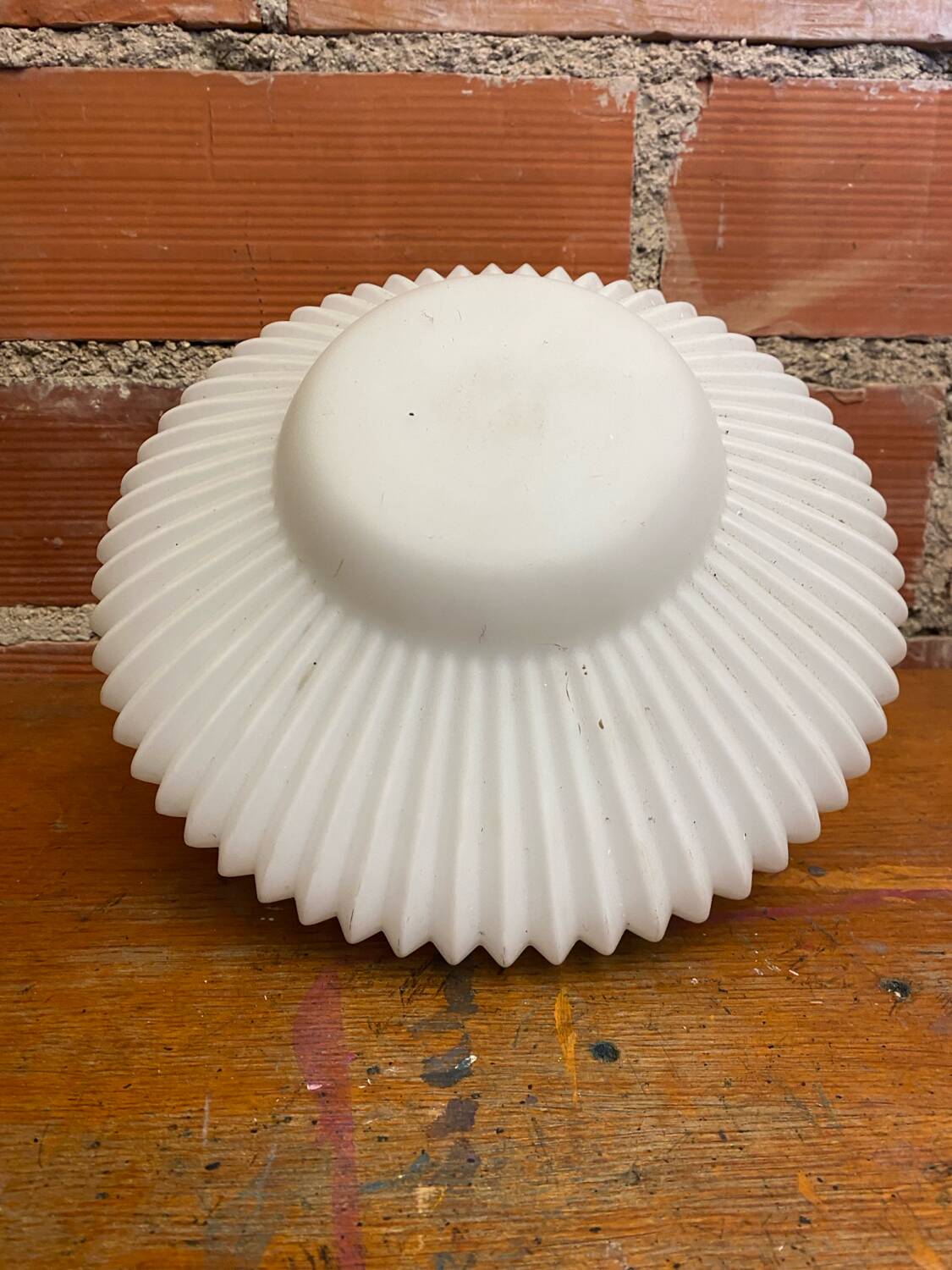 Antique Pendant Lamp Opaline White Saucer Shape Ribbed Vintage