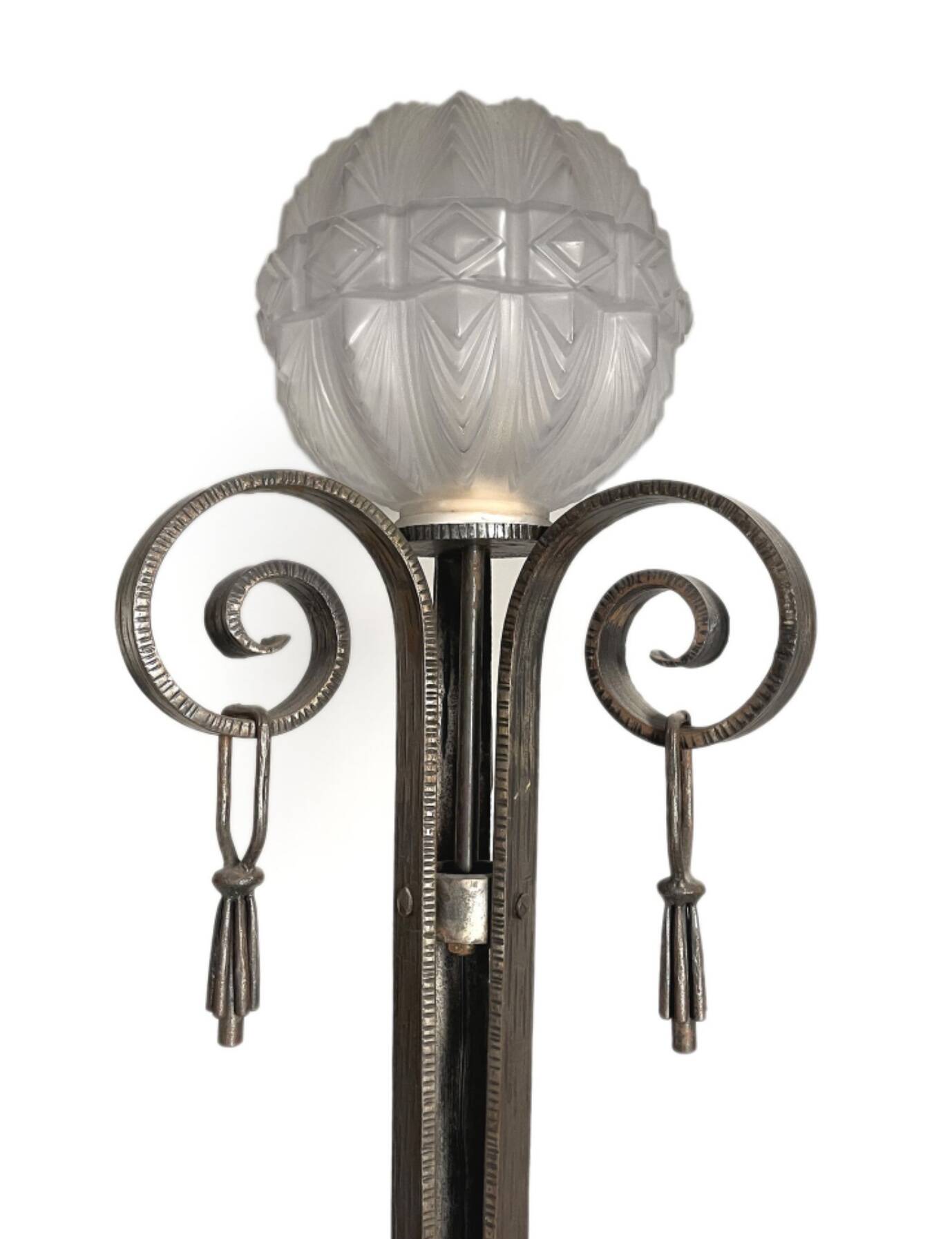 Large art deco floor lamp in wrought iron and white pressed molded glass (height 211 cm)