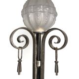 Large art deco floor lamp in wrought iron and white pressed molded glass (height 211 cm)