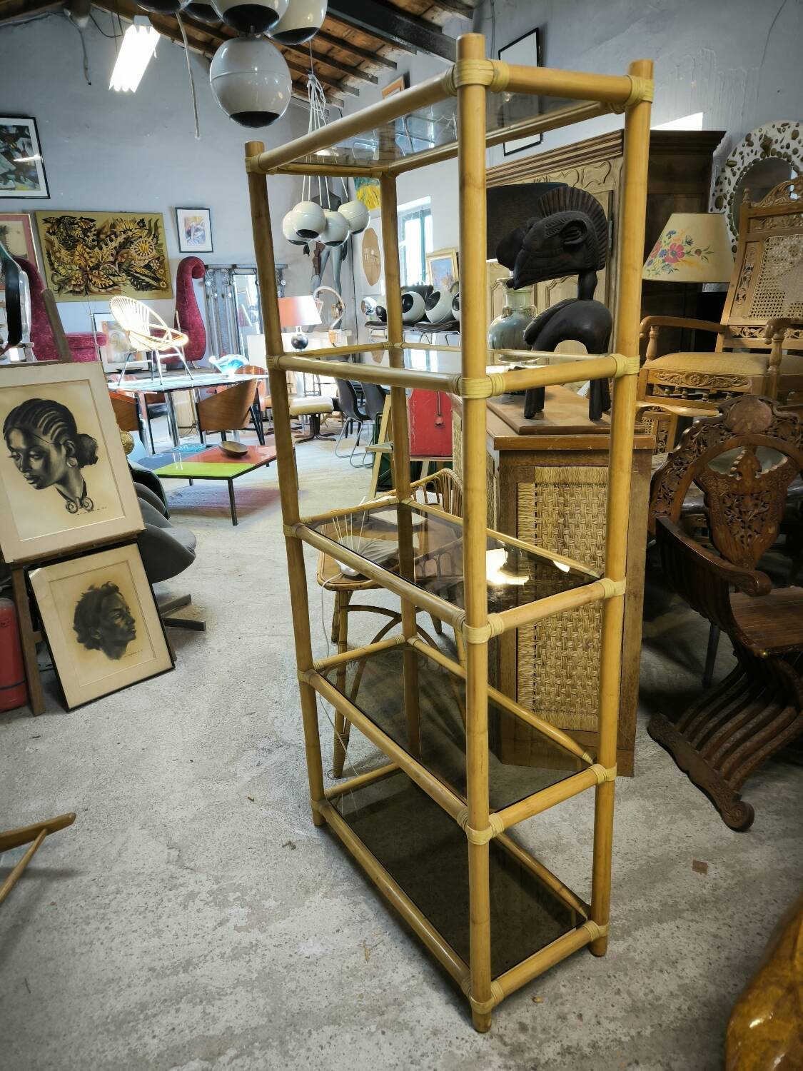 Bamboo and smoked glass bookcase, circa 1970