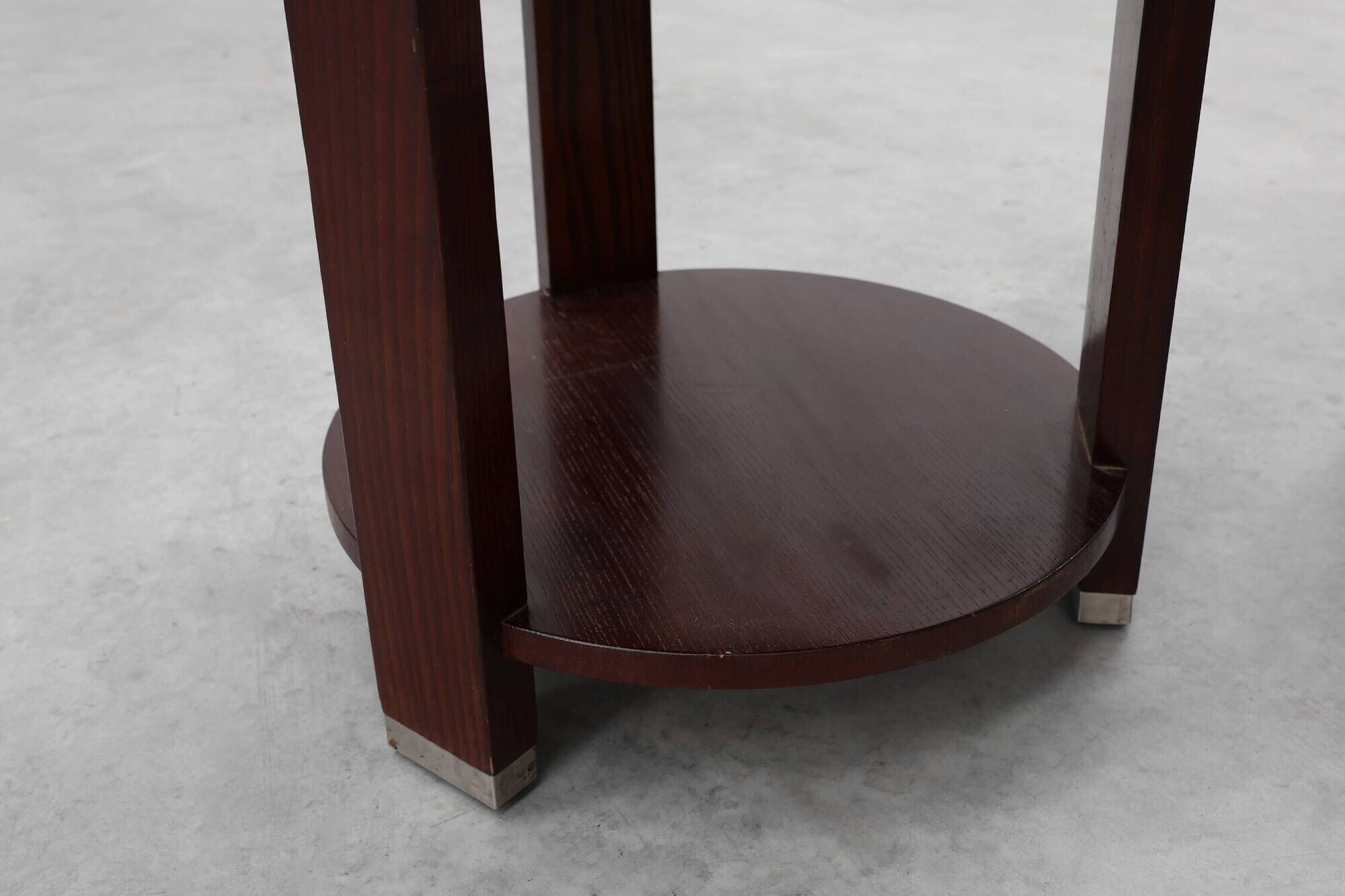 Pair of 2 round side tables in wood with metal, Belgium ca. 1980