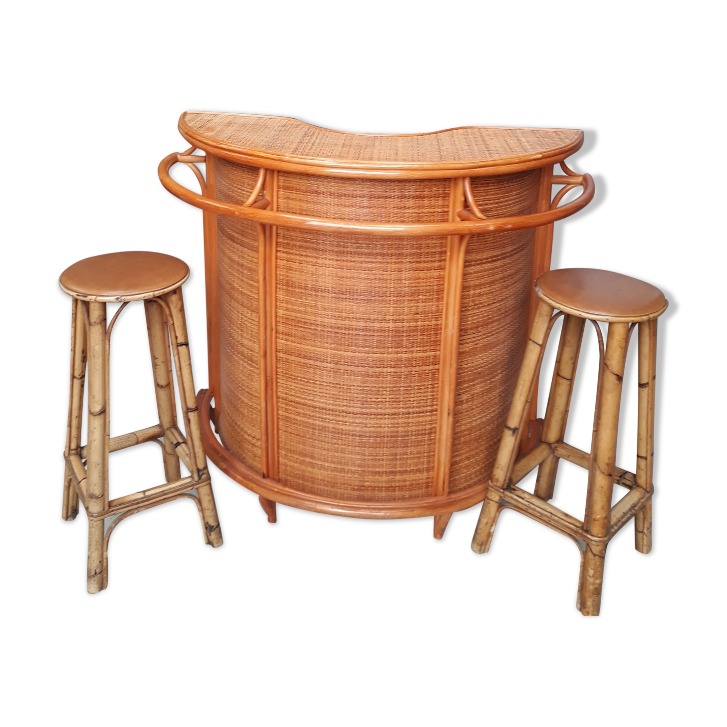 Bamboo wicker bar and two stools