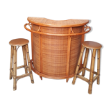 Bamboo wicker bar and two stools