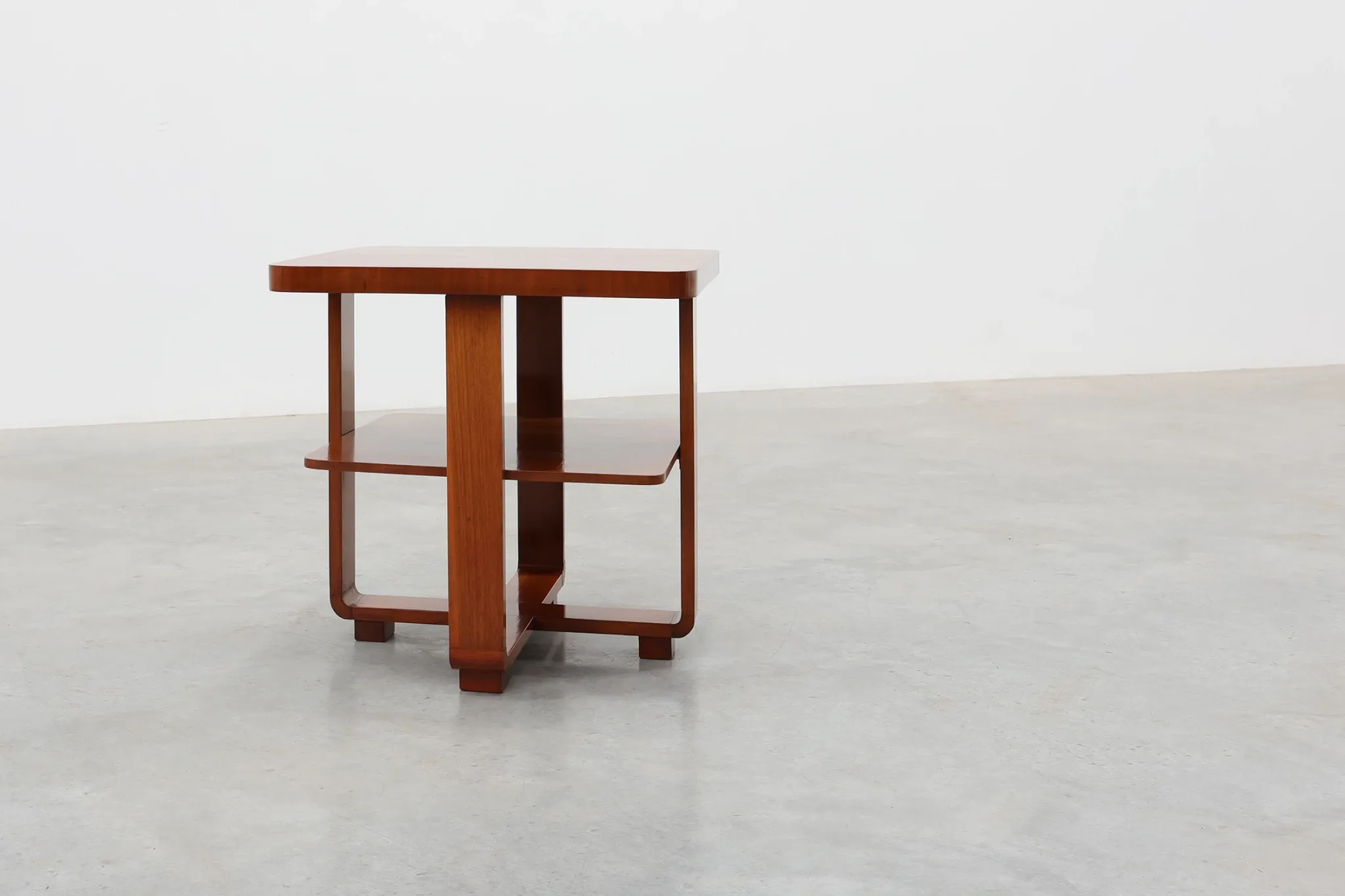 Art Deco Walnut Veneer Side Table with Shelf, Belgium, 1920s