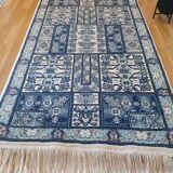 Handcrafted oriental blue and white rug Tunisia vintage fringes
