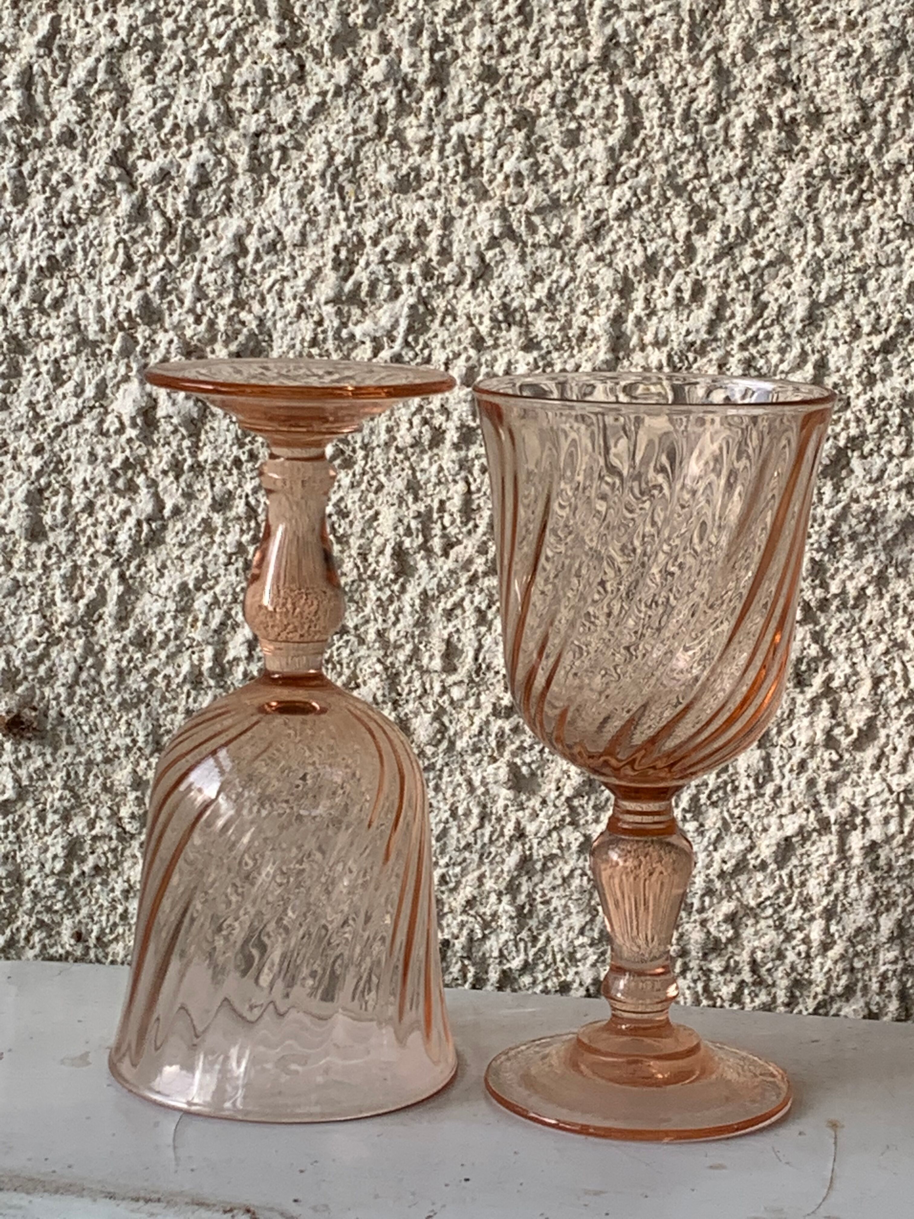 10 vintage rosaline pink glass wine glasses