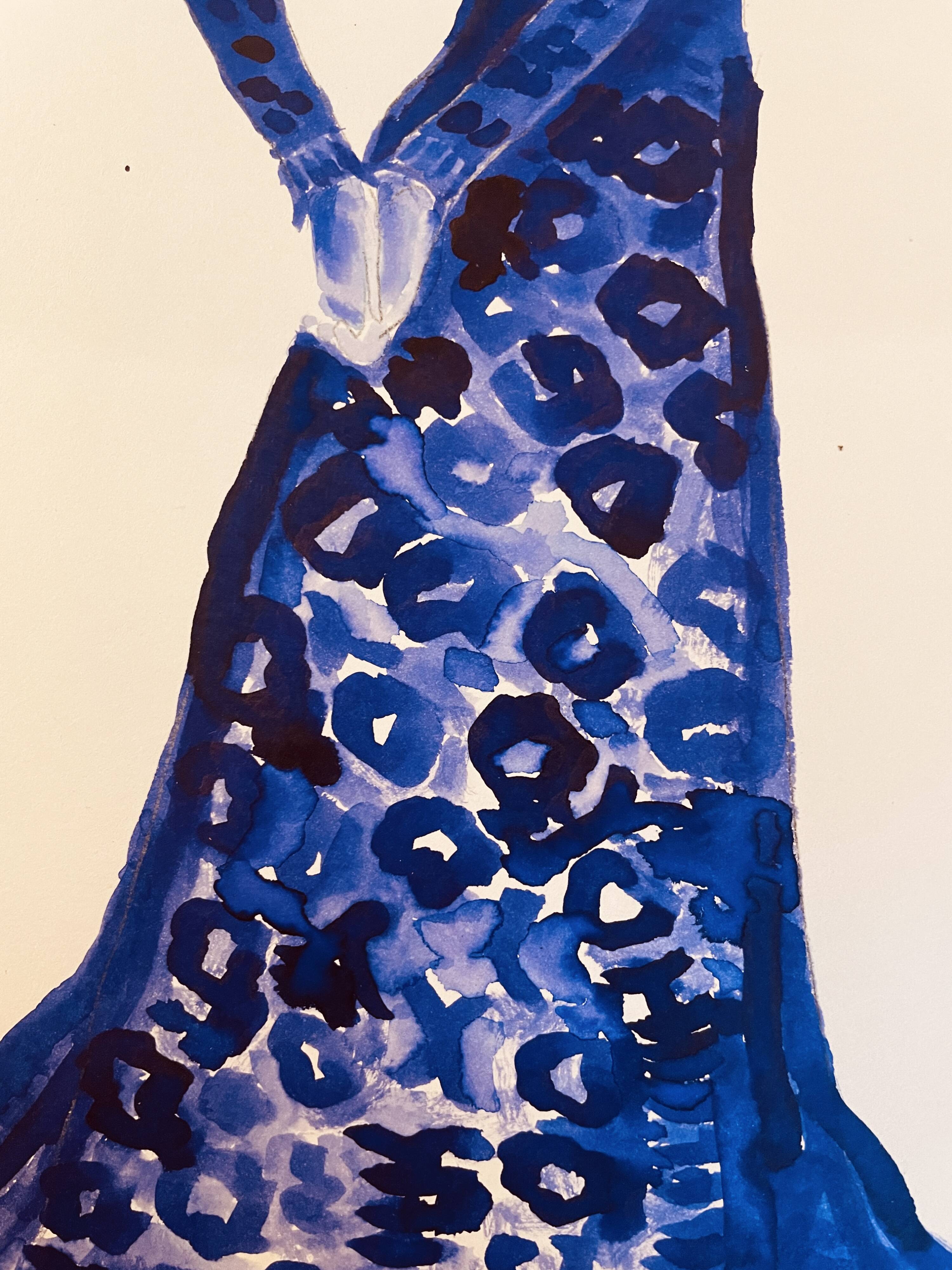 Monochrome indigo watercolour portrait of a woman "the indigo dress"