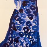Monochrome indigo watercolour portrait of a woman "the indigo dress"