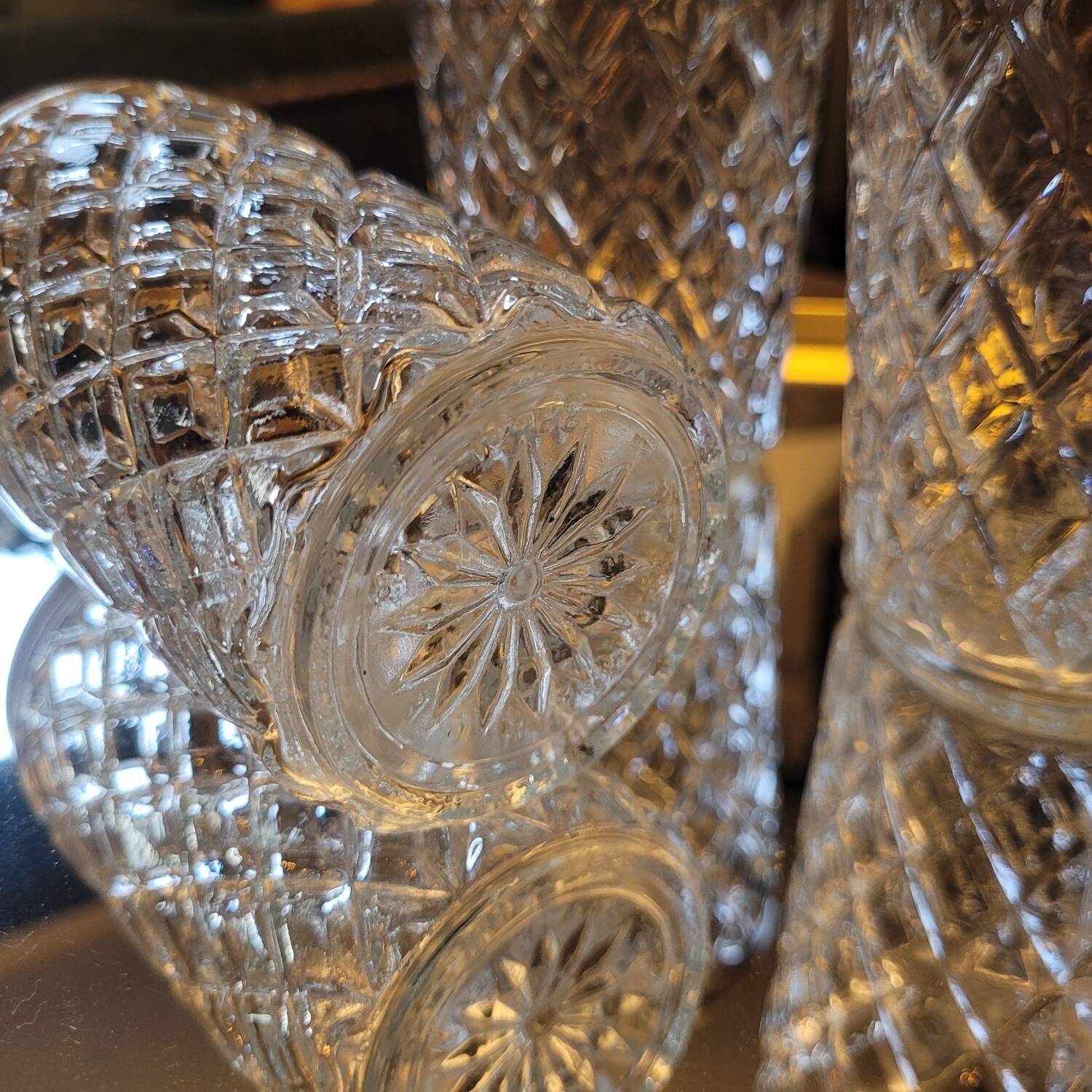 Set of three long drink glasses in pressed glass with a diamond pattern, 1960.