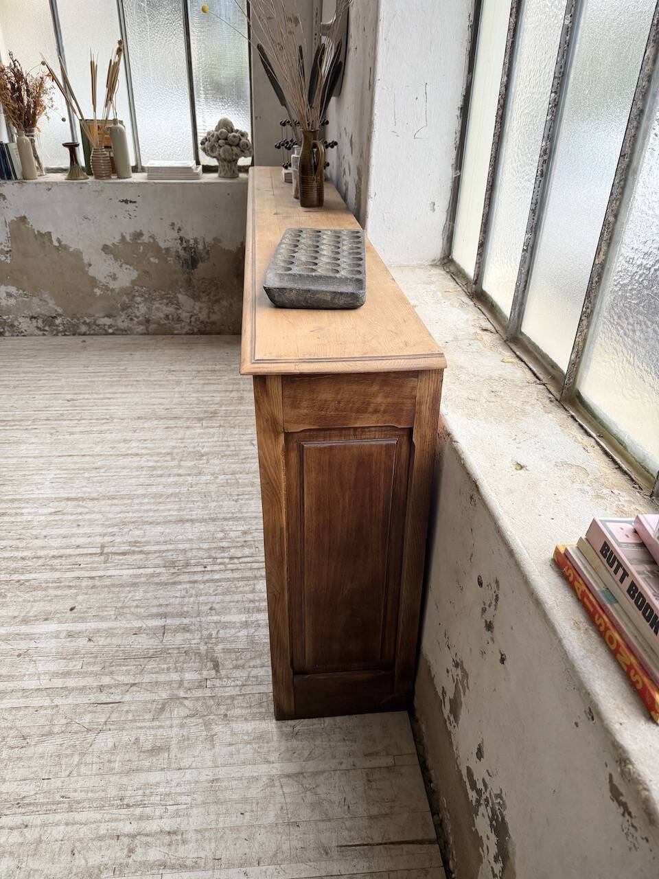 XL oak workshop sideboard with sliding doors from 1900