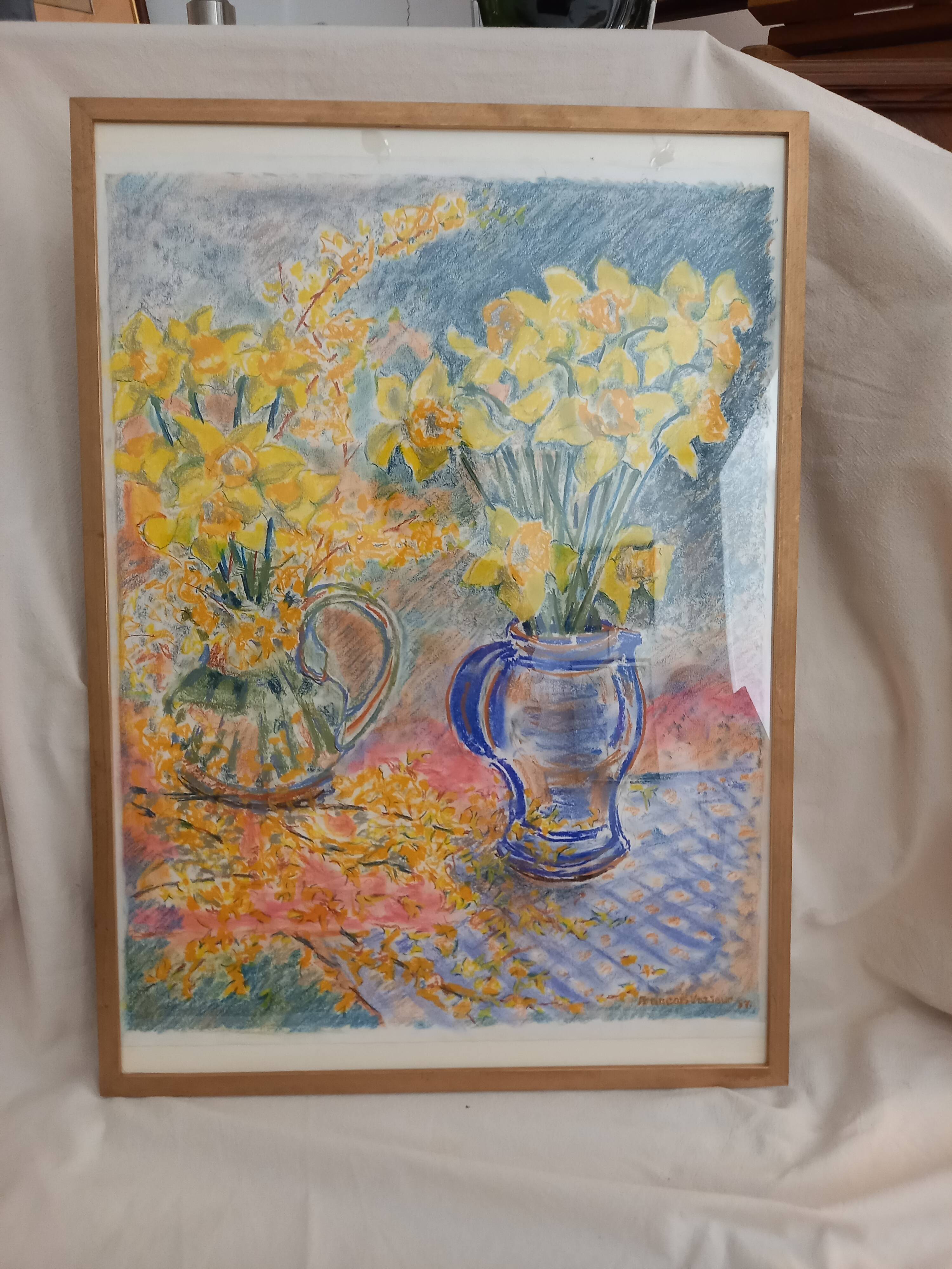 Still life in pastel, bouquet of flowers, spring, daffodils
