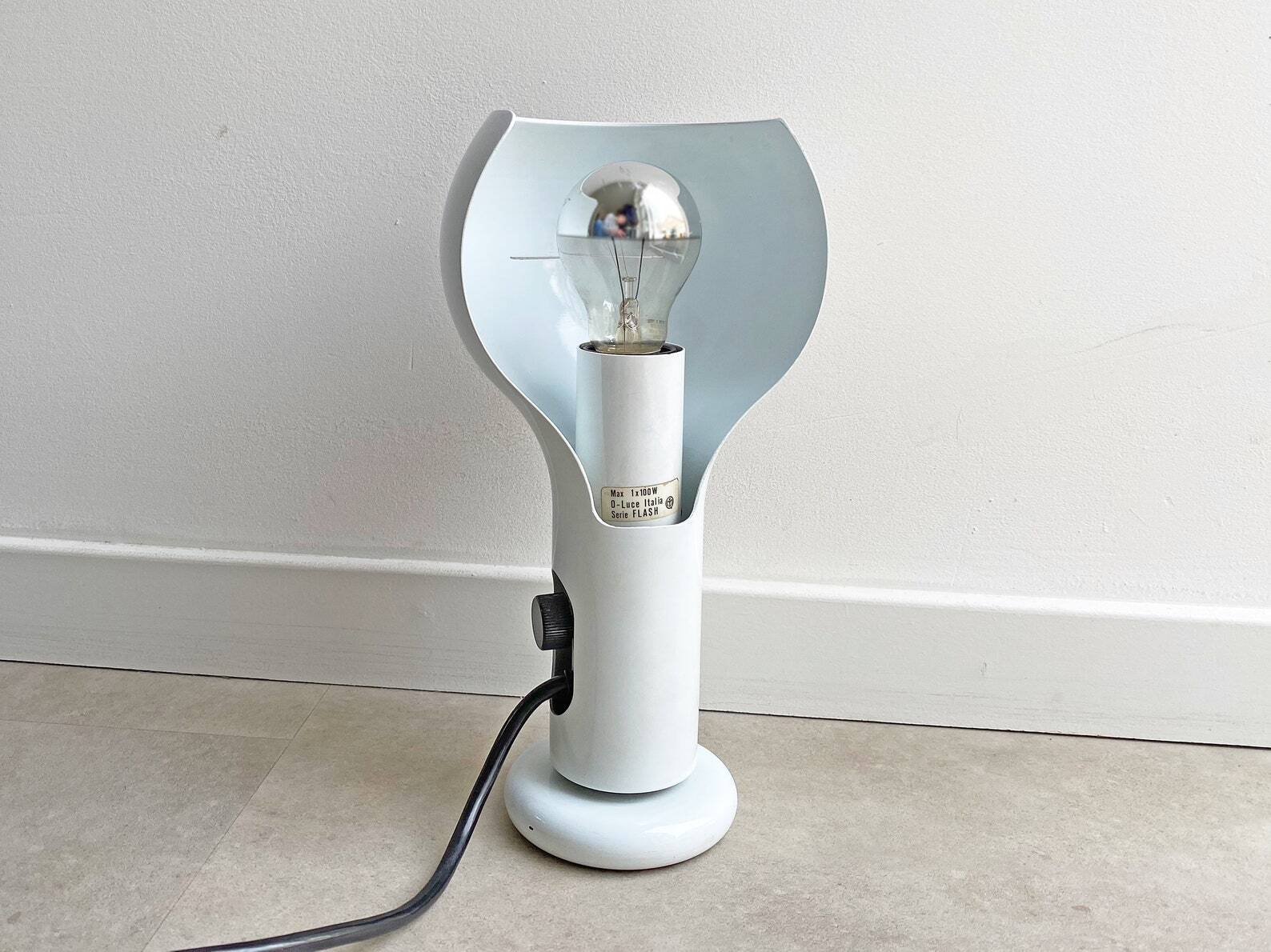 Vintage white metal O'luce table lamp Flash by Joe Colombo - Italian Design