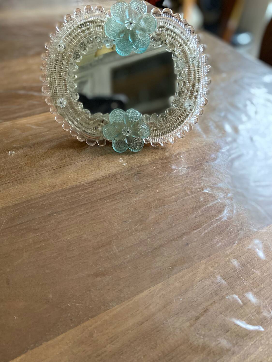 Venetian Murano mirror to stand or hang with blown flower decoration and friezes