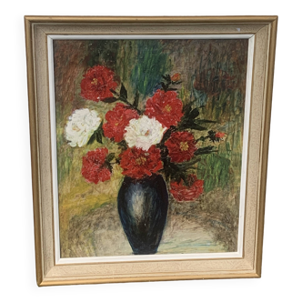 Painting, painting on canvas, still life, the bouquet of flowers painted on vintage canvas