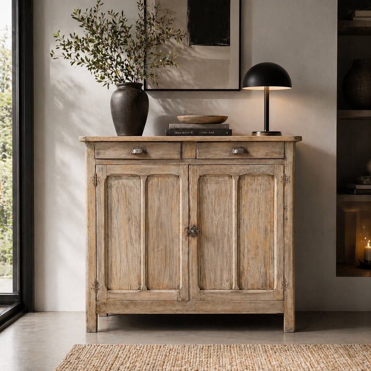 Antique patinated Parisian buffet with shell handles.