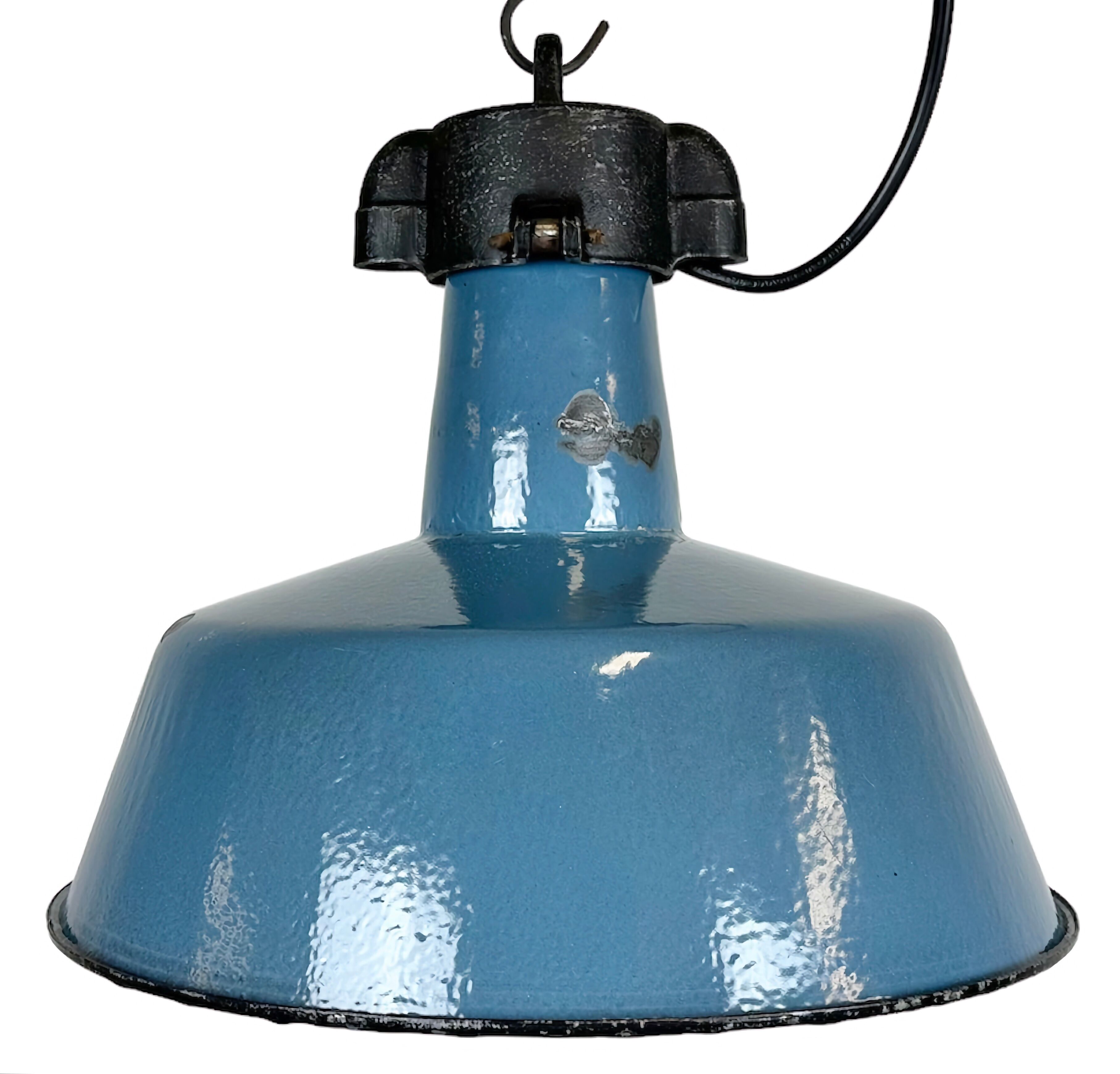 Industrial Blue Enamel Factory Lamp with Cast Iron Top, 1960s
