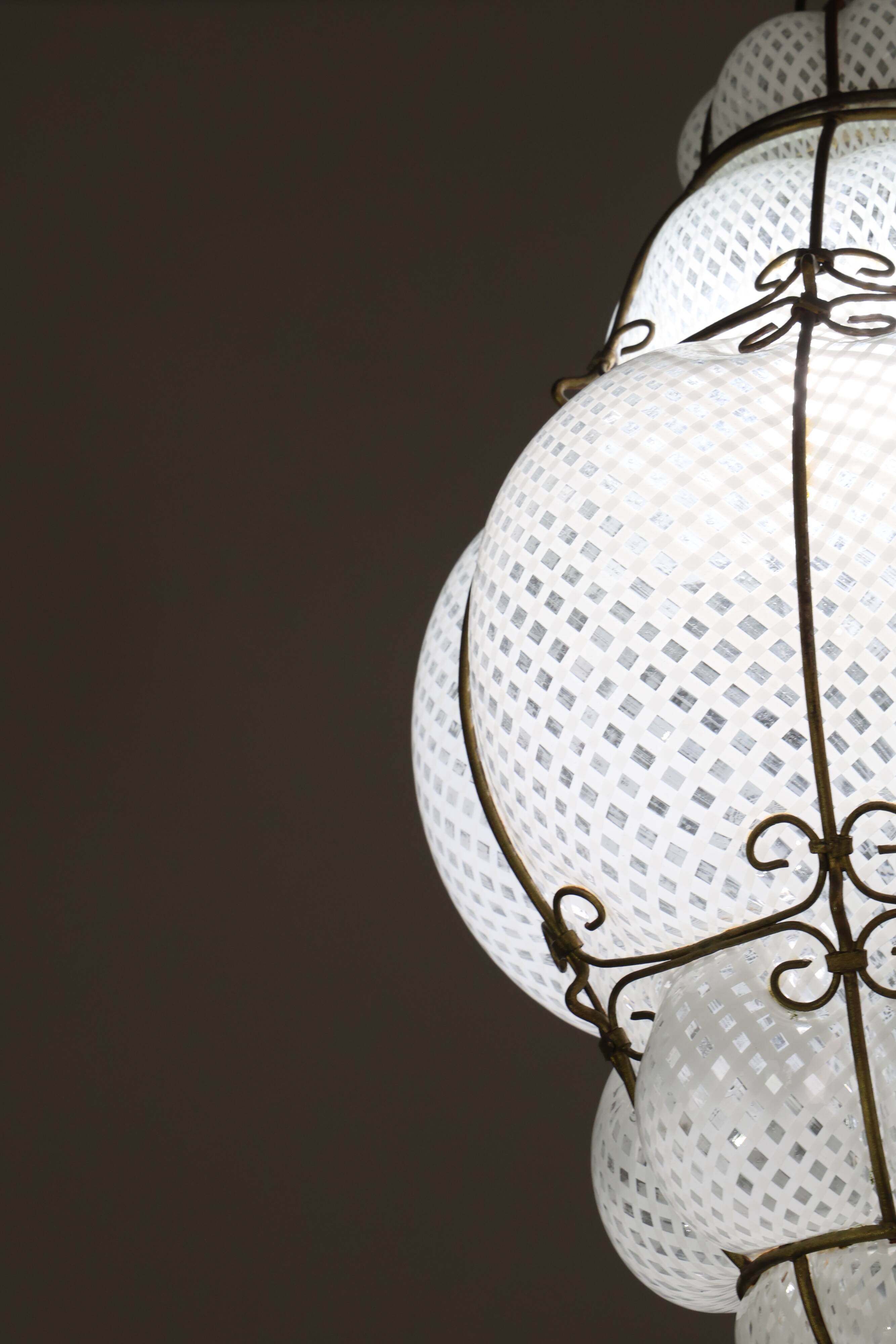 Amazing Large Venetian Lantern in Murano Reticello Glass, 1940s
