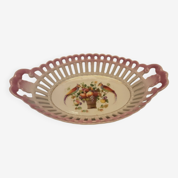 Corbeille faience dentelle baviere rose irise