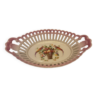 Corbeille faience dentelle baviere rose irise