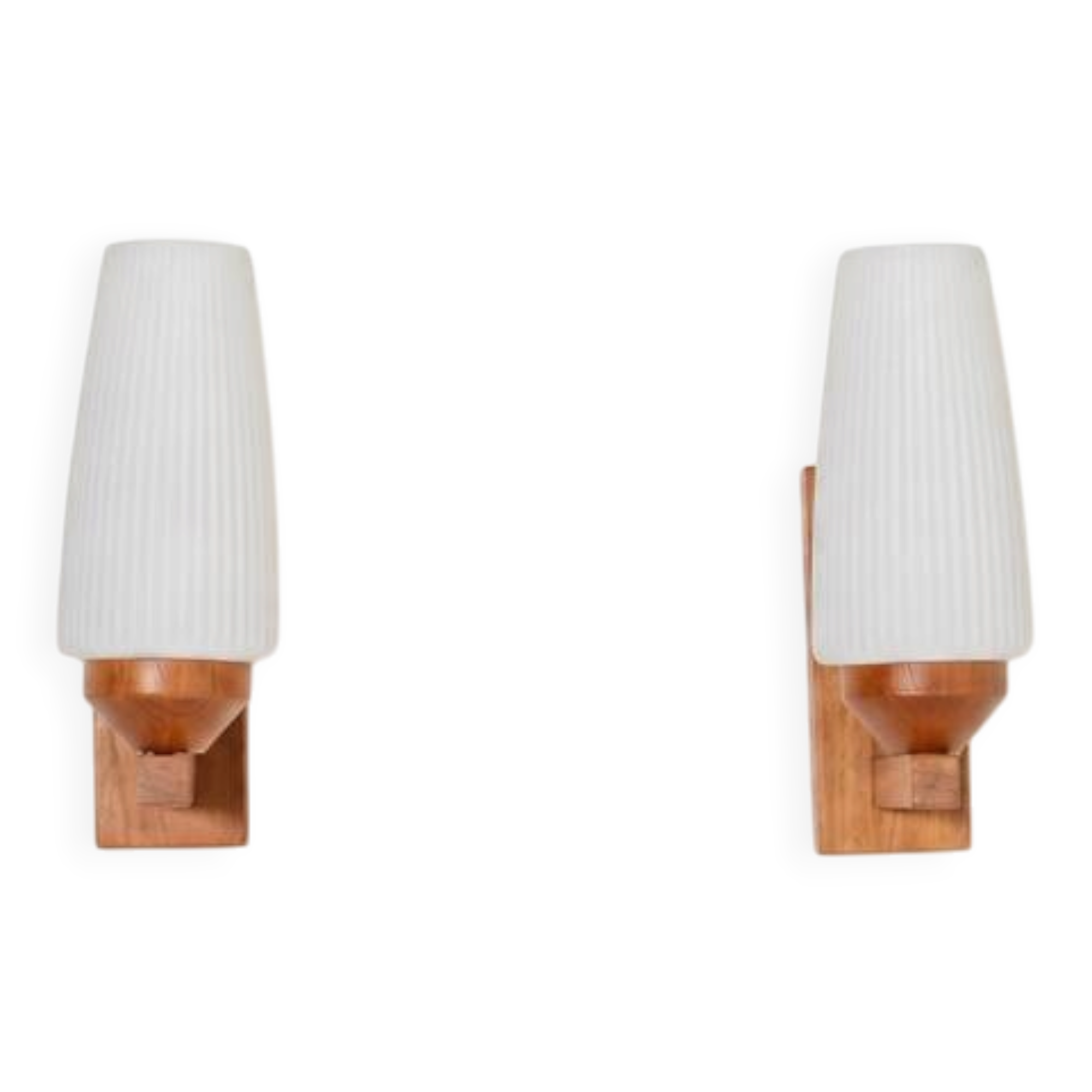 Pair of teak and opaline glass wall lamps, 1950s/1960s