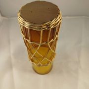 Carafe and 5 glasses set, amber glass and woven wicker, bohemian chic