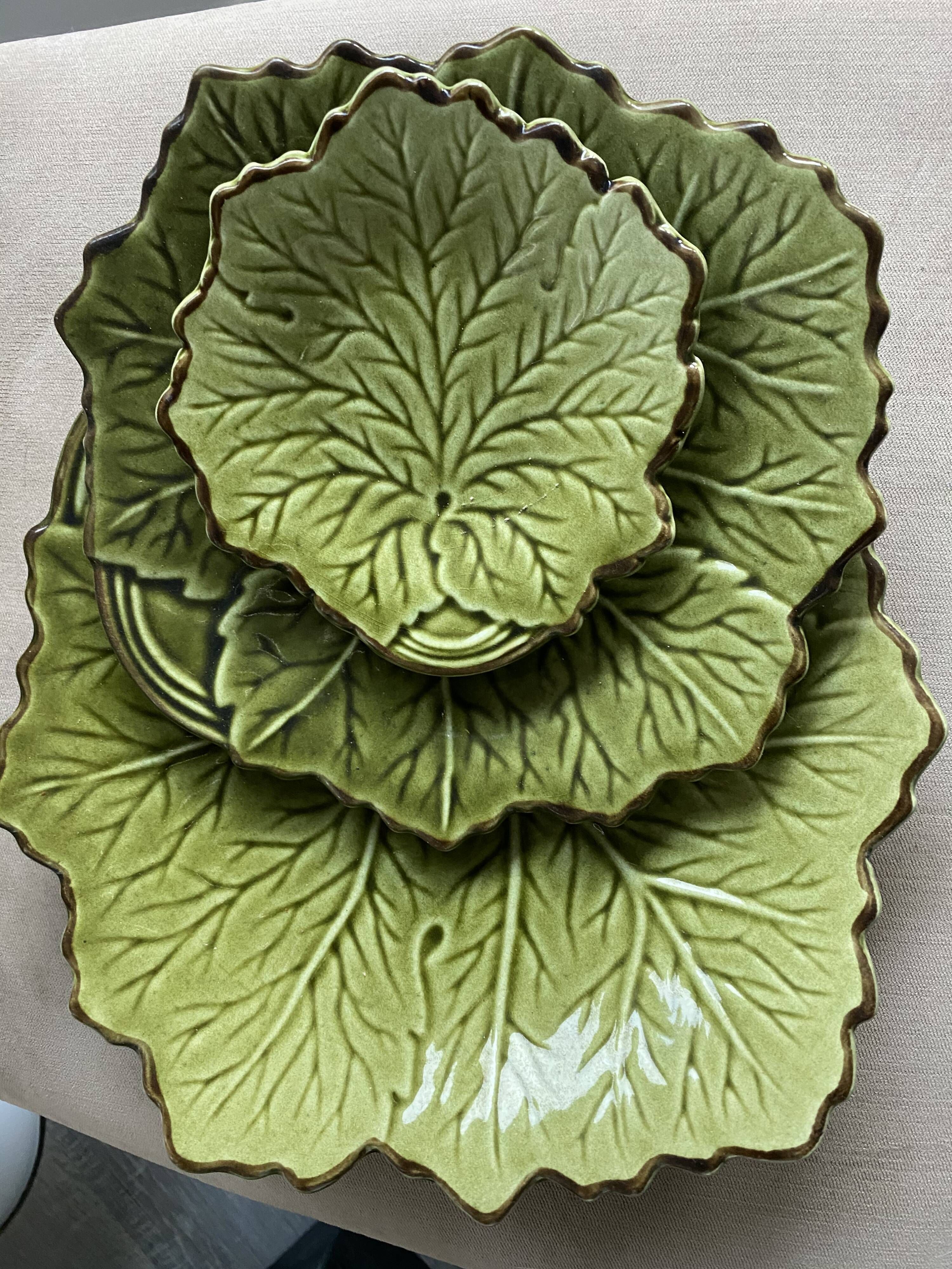 Lot of 3 flat Provencal earthenware Poet-Laval green leaves