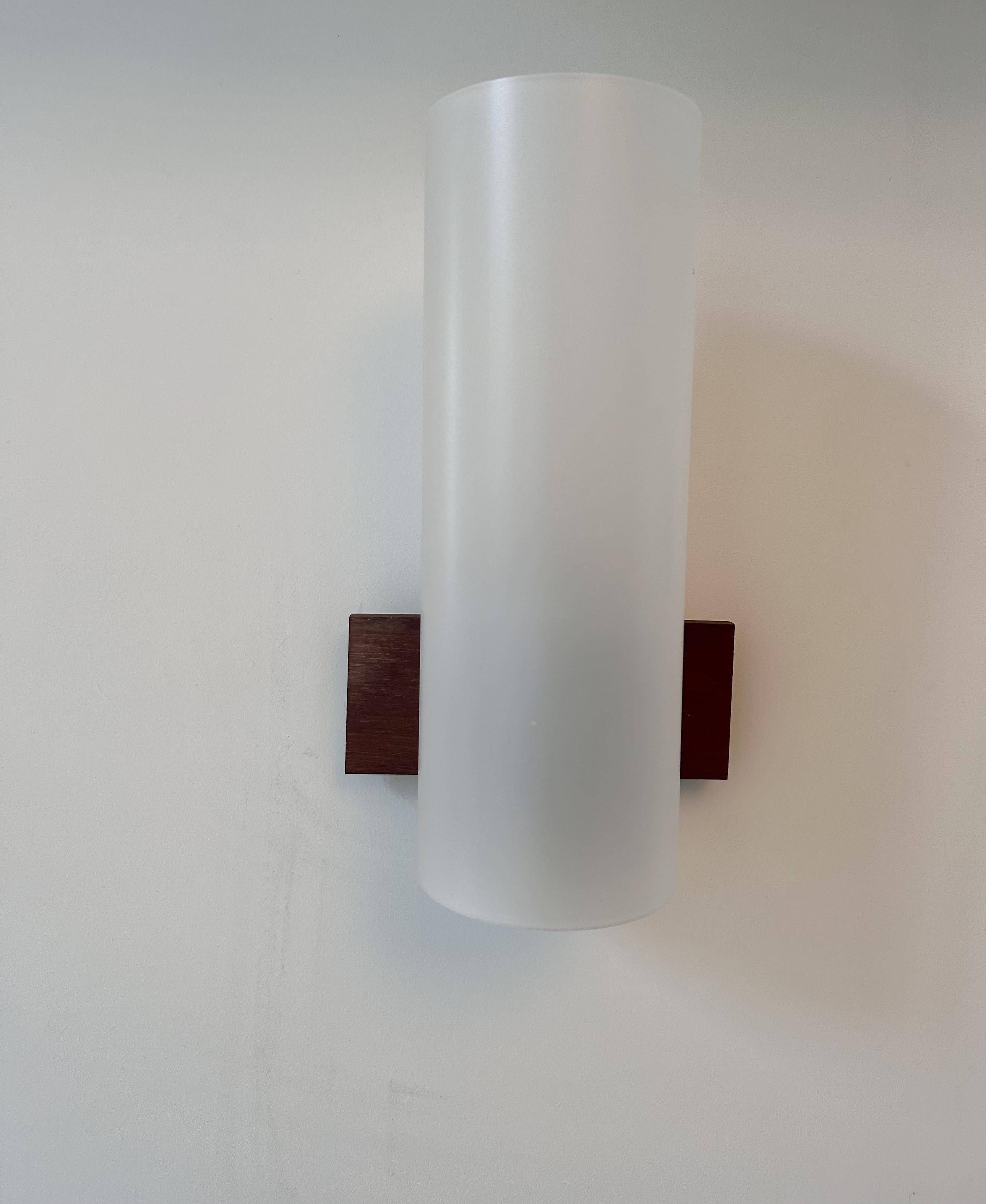 Pair of vintage wall lights, opaline perspex and teak, Doria Leucthen, Germany 1960s