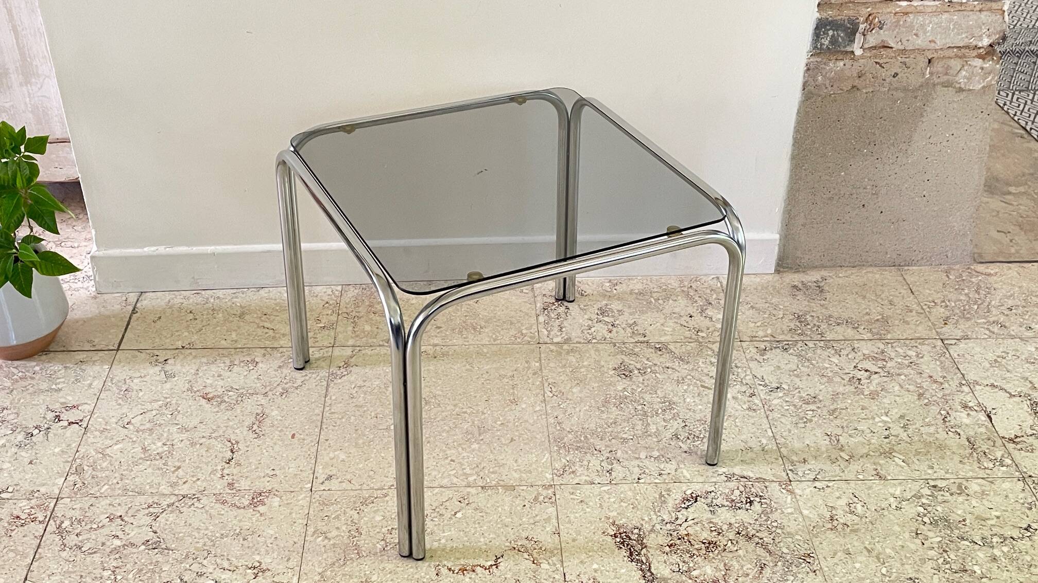 1970s coffee table glass and chrome steel