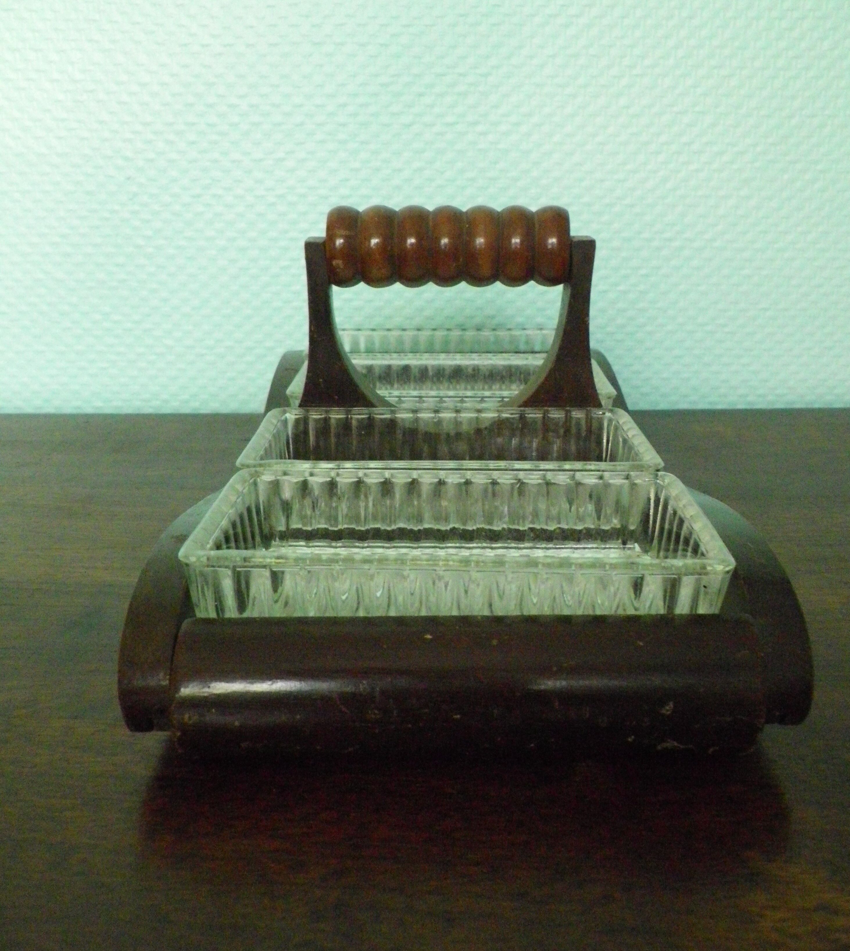 Old Art Deco Servant - 4 glass ravines - Mirror and wood - Year 1950