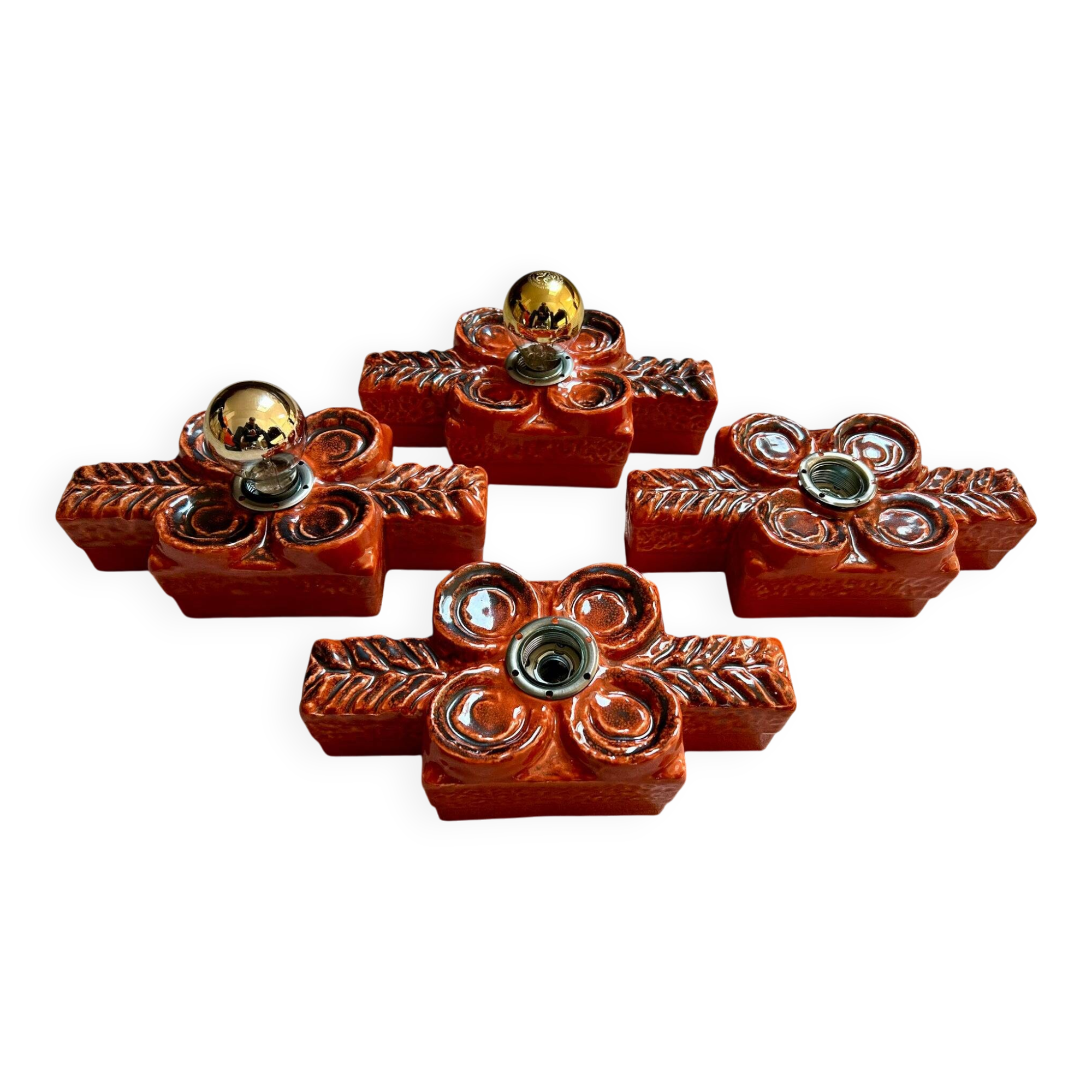 Set of 4 wall sconces in ceramic by Traudl Brunnquell, model 4320, West Germany, 1970s, Fat Lava.
