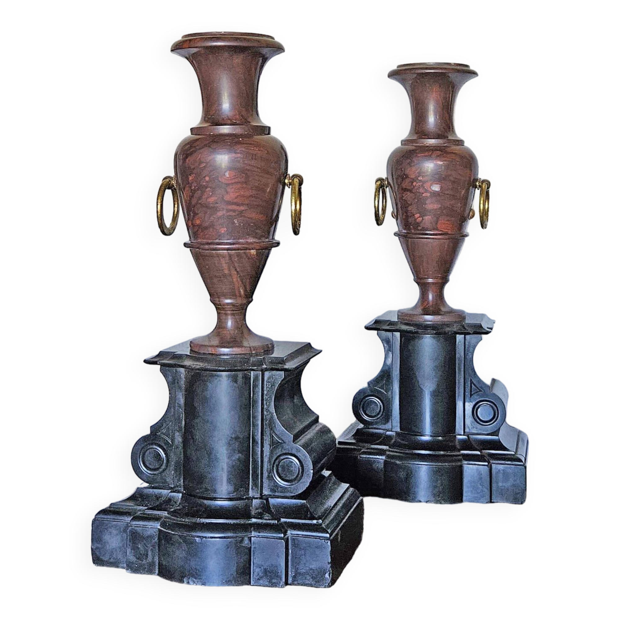 Antique Vases In Griotte Marble And Black Marble, Grand Tour, 19th Century