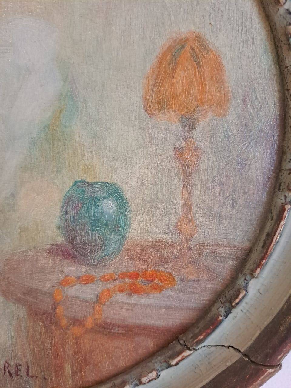 Ancient oval painting of a sleeping woman in oil on wood panel.